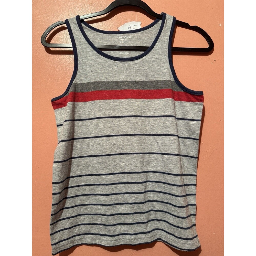 3/$15 Arizona Boys Tank Top M Medium 10/12 Gray Red Striped Sleeveless Shirt